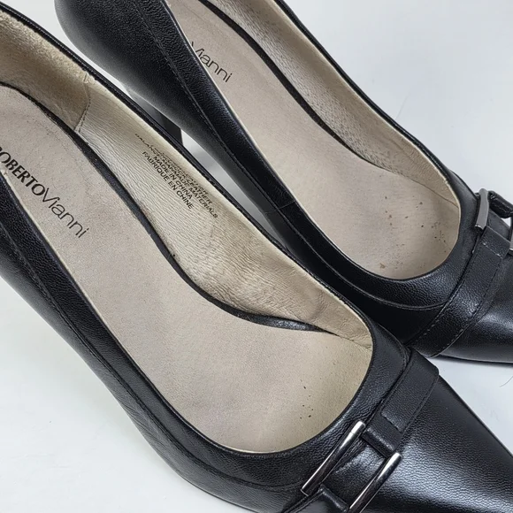 Roberto Vianni Black Leather Buckle Stiletto Heels - Picture 8 of 9